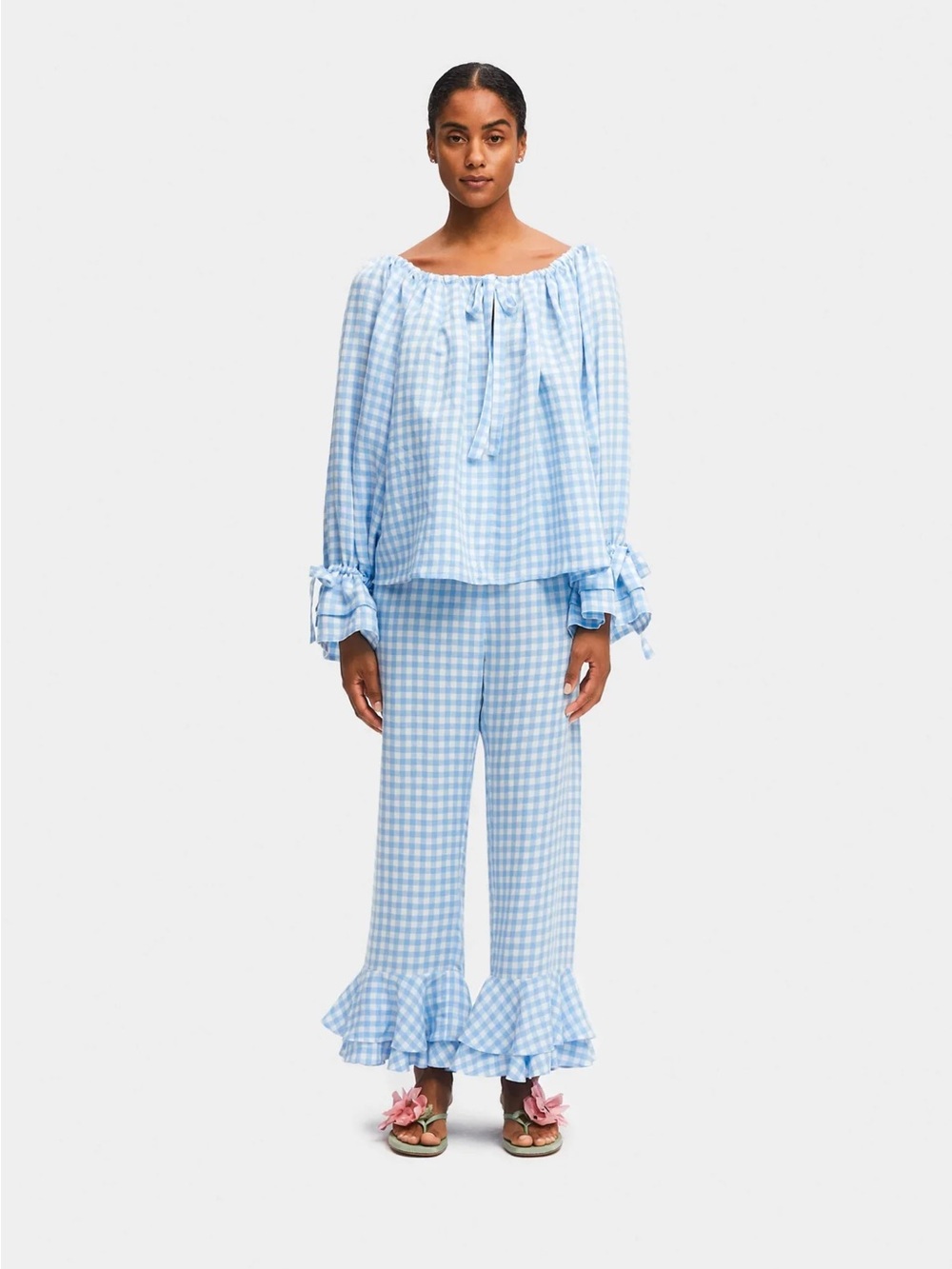Sleeper Cha-Cha Ruffled Linen Lounge Set in a blue and white gingham.